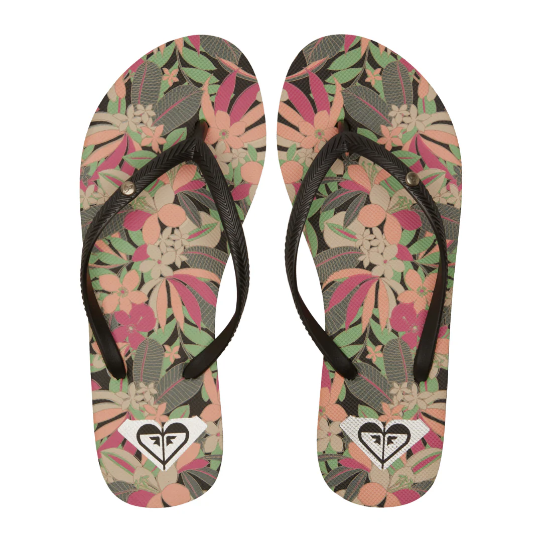 Roxy Bermuda Print Flip Flops - Black/Pink/Soft Lime